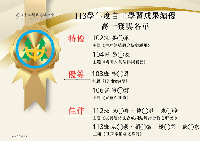 【讀服組】113學年度「自主學習績優成果發表：高一獲獎名單」，請參閱。 圖片