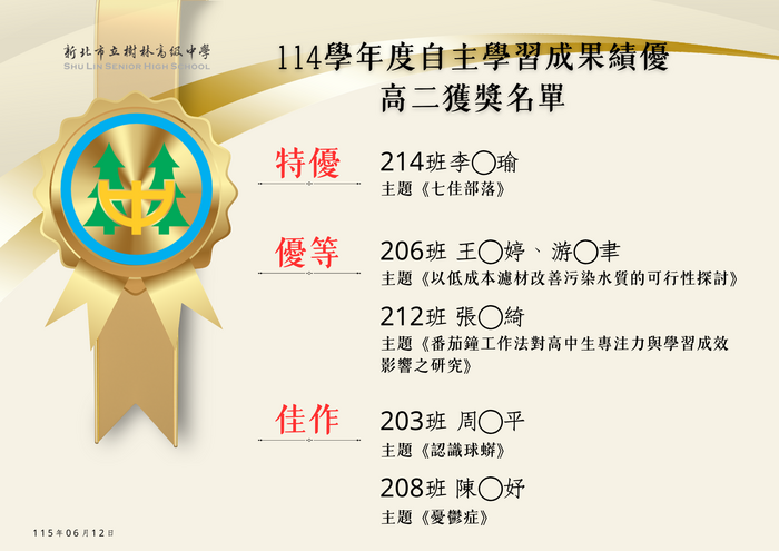 114學年度自主學習績優成果-高二獲獎名單