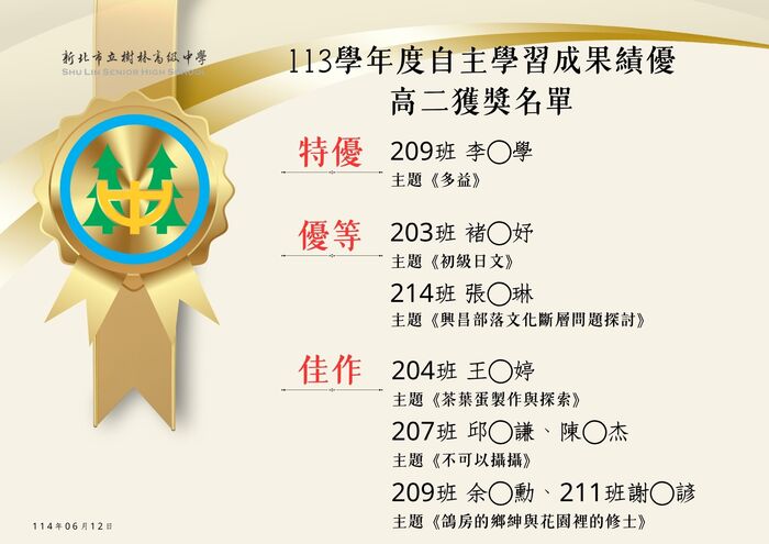 【讀服組】113學年度「自主學習績優成果發表：高二獲獎名單」，請參閱。圖片